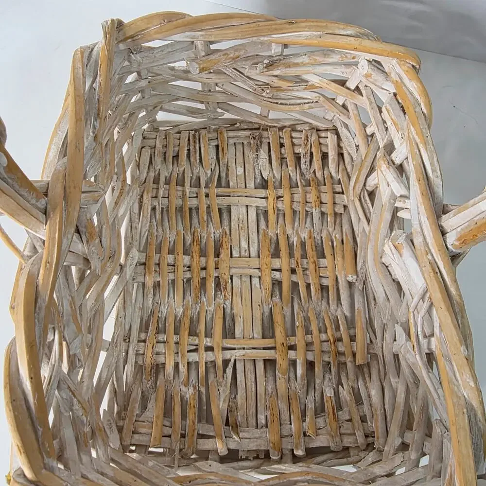 Whitewashed Wicker Basket Tall Handle Rustic Farmhouse Cottagecore Decor 11in
